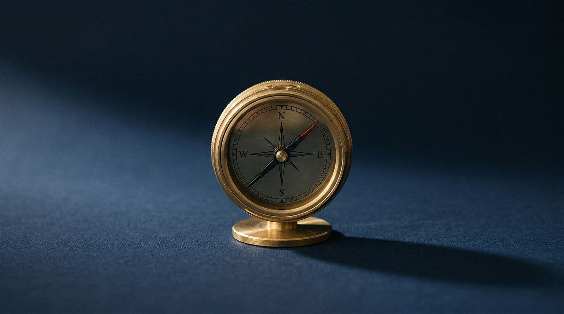 Brass compass on navy surface — precision and direction